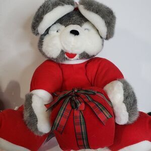 Adorable Vintage 80s Christmas Red Pajama Grey Mouse Plush 10" Stuffed Animal